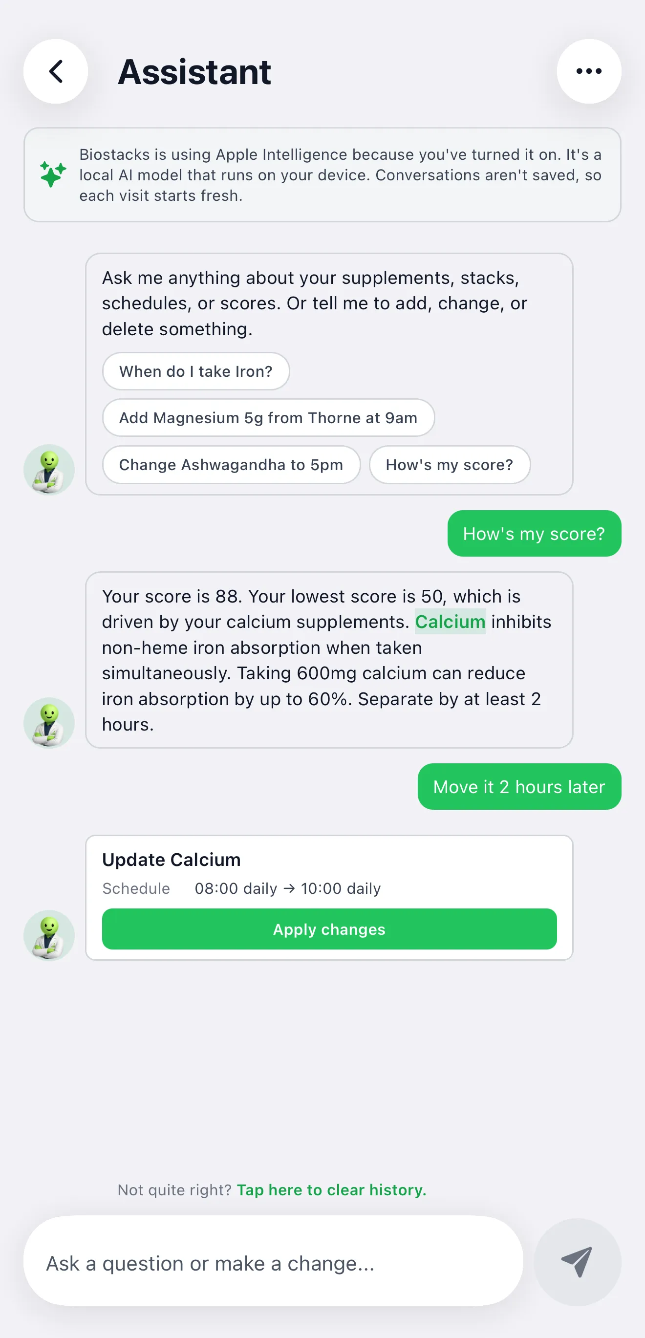 On-device AI chat answering a supplement question