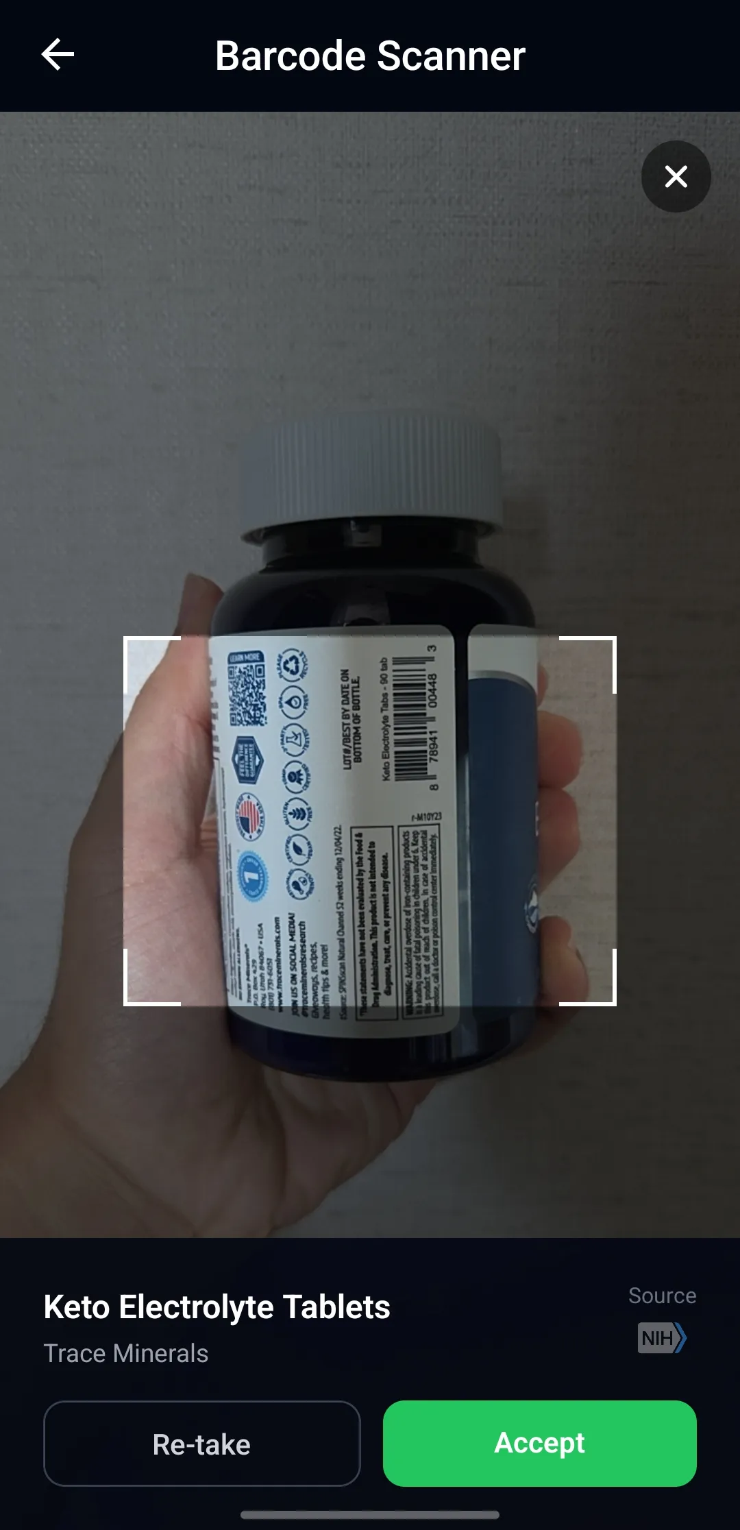 Barcode scanner recognizing a supplement bottle